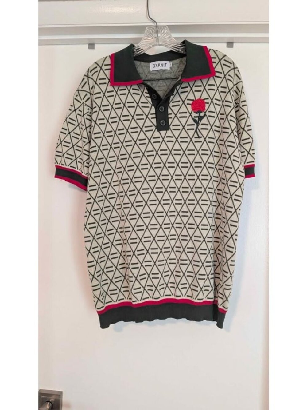 OXKNIT Men's XL Rose Embroidered Knit Polo Shirt